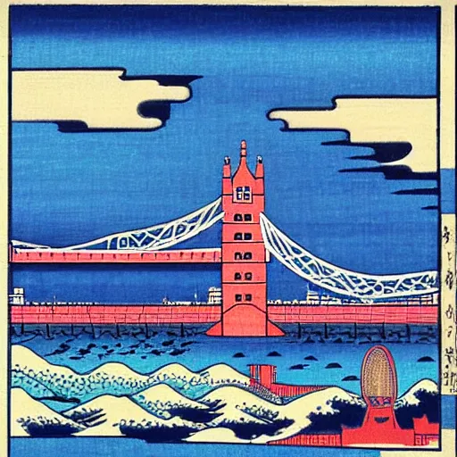 Image similar to “ tower bridge in london city in the style of a woodblock print by the japanese ukiyo - e artist hokusai ”