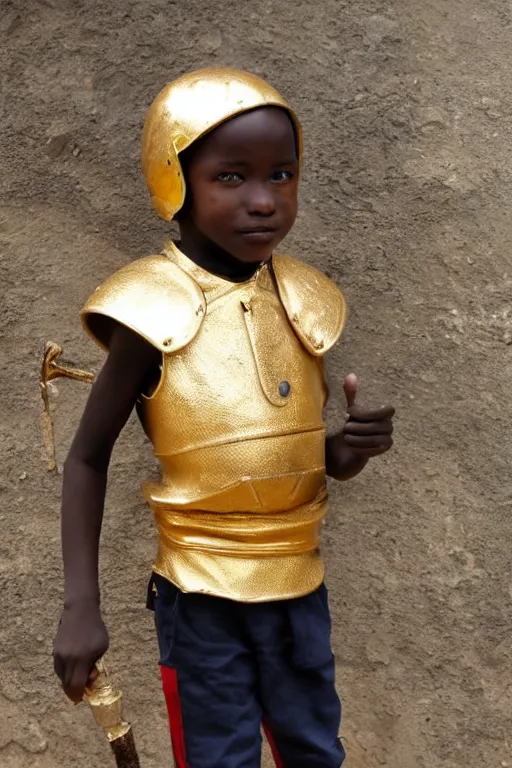 Prompt: kenyan boy dressed in golden medieval armor