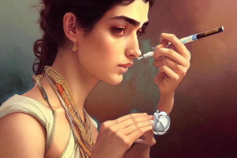 Image similar to Anxious good looking pale young Indian doctors smoking, portrait, elegant, intricate, digital painting, artstation, concept art, smooth, sharp focus, illustration, art by artgerm and greg rutkowski and alphonse mucha