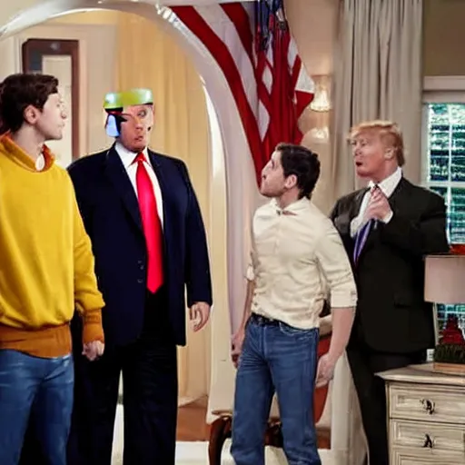 Image similar to a scene from the tv show, the boys, featuring donald trump as homelander.