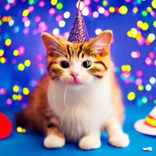 Image similar to a photo of a very cute cat wearing a birthday party hat, studio portrait, back background with fireworks. portrait.