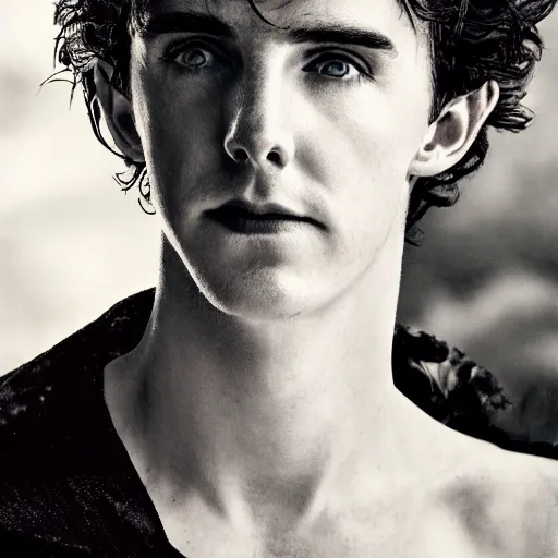 Prompt: 5 5 mm portrait photo of a hybrid of benedict cumberbatch and freddie highmore and and timothee chalamet, art by luis royo. highly detailed 8 k. intricate. lifelike. soft light. nikon d 8 5 0. cinematic post - processing