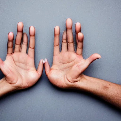 Prompt: sharp photograph closeup of a pair of hands, wrinkled, tan, some hair, shallow depth of field photograph, spot lighting, grey background