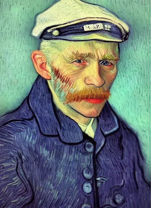 Image similar to portrait of a very old sailor with white hair and captain's hat, asleep, detailed realism face in painting, detailed beautiful portrait, expressionist oil painting masterpiece, 8 k resolution, smooth, sharp focus, pastel color palette, trending on artstation, by van gogh