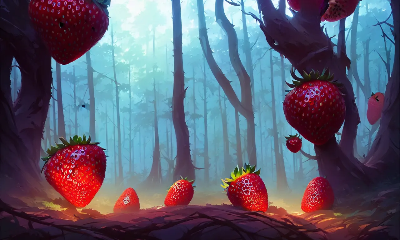 Image similar to Dark forest large strawberries, behance hd by Jesper Ejsing, by RHADS, Makoto Shinkai and Lois van baarle, ilya kuvshinov, rossdraws global illumination