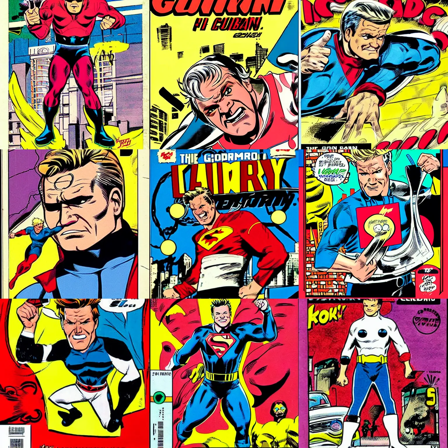 Prompt: The cover of a comic book depicting Gordon Ramsey in a superhero pose. Art by Jack Kirby.