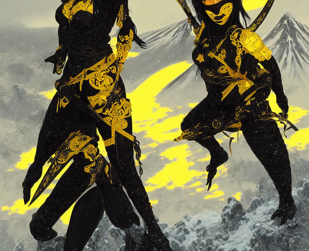 Image similar to portrait ninja gaiden girl, black and yellow ninja wardrobe, at snowy fuji mountain sunrise, ssci - fi and fantasy, intricate and very very beautiful, detailed, digital painting, artstation, concept art, smooth and sharp focus, illustration, art by tian zi and wlop and alphonse mucha