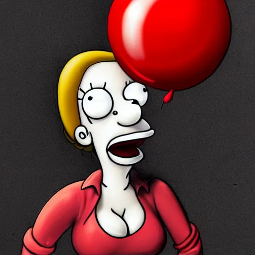 Image similar to surrealism grunge cartoon portrait sketch of natalie portman with a wide smile and a red balloon by - michael karcz, loony toons style, homer simpson style style, horror theme, detailed, elegant, intricate