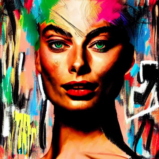Prompt: a sketch, ultra detailed, fashion, magic, universe, beautiful woman, similar to margot robbie, crazy hairstyle, beatiful colors, peaches, surreal city, in style of jean - michel basquiat, trending on artstation