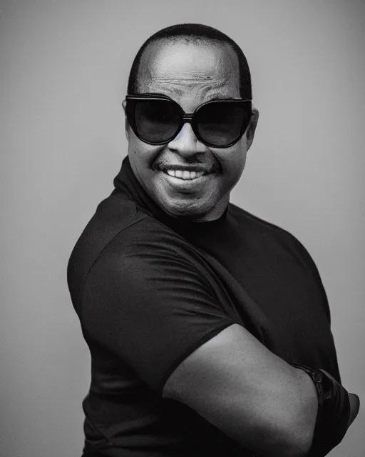 Image similar to Fully-clothed full-body candid portrait of Stevie Wonder, Canon EOS R5, 50mm, F1.4, black background, dark studio lighting, professional, 8K