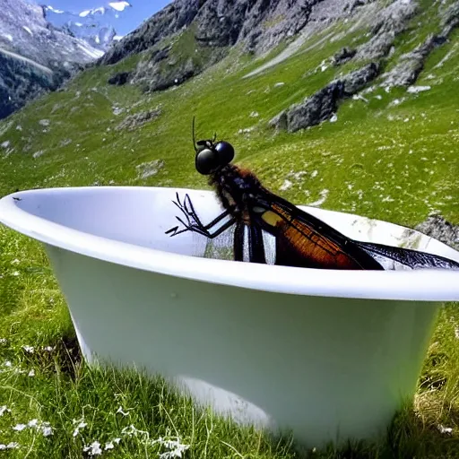 Prompt: dragonfly in a bathtub in the alps, goat!!!!!!!!!!!! herd!!! in background