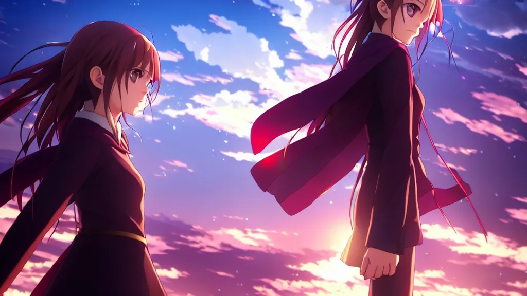 Image similar to emma watson, heavens feel movie, demon slayer, ufotable, kyoani, high quality, artstation, key visual, cinematic, city background, night time, rooftop, fate stay night, unlimited blade works, greg rutkowski, high resolution, dynamic pose, extreme close up, rin outfit, anime, high angle, high budget