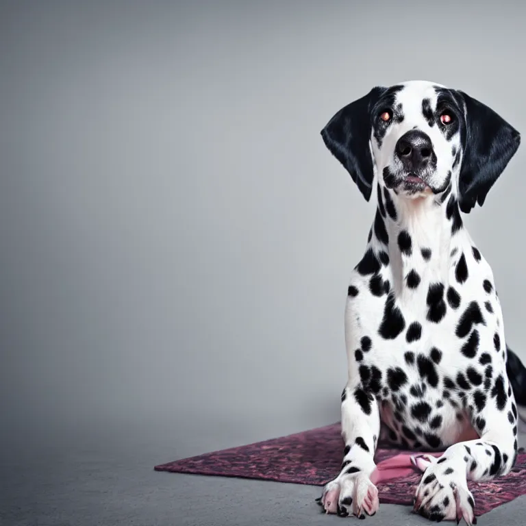 Image similar to vogue photoshoot octane render of dalmatian dog with white background, focus bright colorful pastel exotic vintage boutique hotel lounge, very short depth of field, bokeh