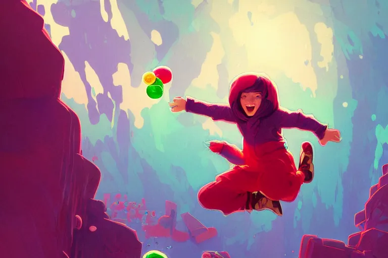Image similar to madeline from celeste jumping to a green jelly bubble, ( ( ( blue bubble jacket ) ) ) ( ( ( red long hair ) ) ), highly detailed, digital painting, artstation, concept art, sharp focus, illustration, art by greg rutkowski and alphonse mucha