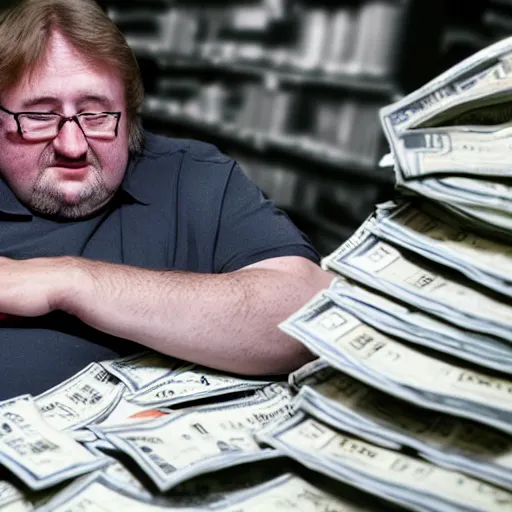 Prompt: gabe newell surrounded by stacks of cash, award winning photograph