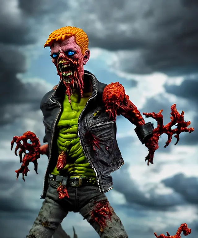 Prompt: hyperrealistic rendering, epic boss battle, punk rock zombie, by art of skinner and richard corben, product photography, collectible action figure, sofubi, hottoys, storm clouds, outside, lightning