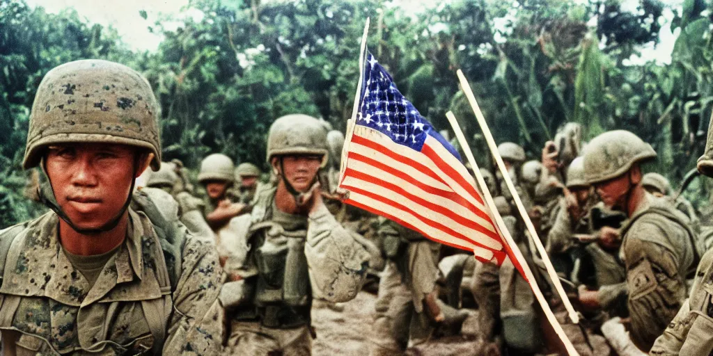 Image similar to u. s. marines move through a landing zone 1 9 6 9, vietnam war, soldiers closeup, face closeup, us flag, jungles in the background, coloured film photography, exposed colour film, ken burns photography lynn novick photography