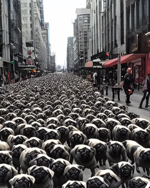 Image similar to a million pugs marching through a city street