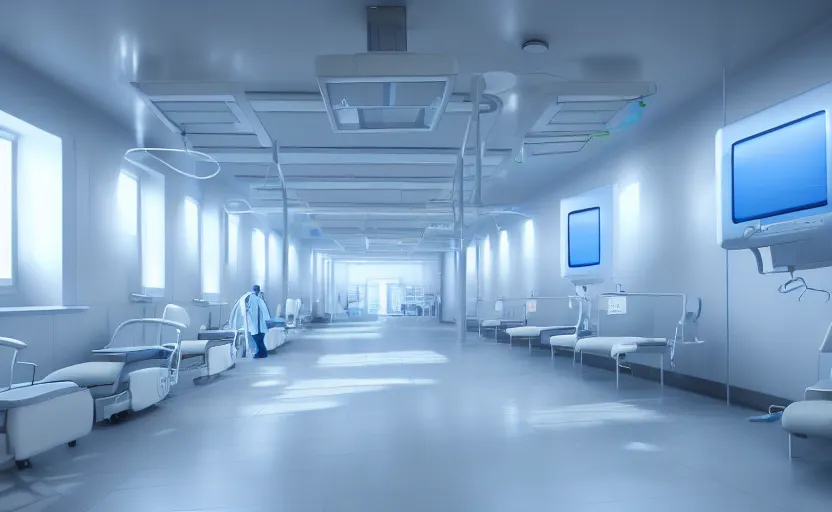 Image similar to a hospital with soft blue lights in the roof, octane render, artstation trending, highly detailded