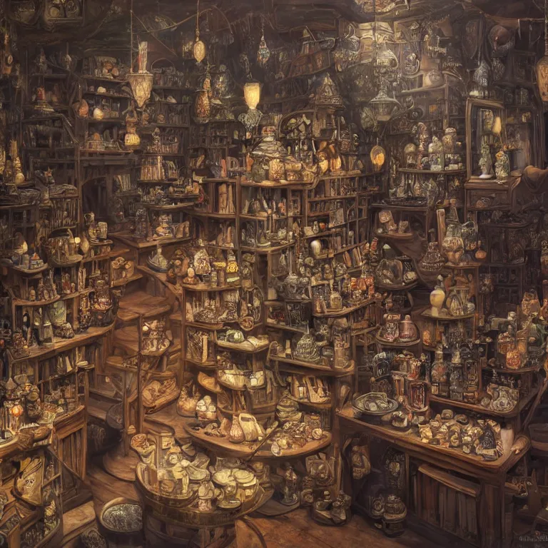 Prompt: a gorgeous view into a potion store, oil on canvas, intricate, portrait, 8k highly professionally detailed, HDR, CGsociety, illustration painting by Mandy Jurgens and Małgorzata Kmiec and Dang My Linh and Lulu Chen and Alexis Franklin and Filip Hodas and Pascal Blanché and Bastien Lecouffe Deharme, detailed intricate ink illustration, heavenly atmosphere, detailed illustration, hd, 4k, digital art, overdetailed art, concept art, complementing colors, trending on artstation, Cgstudio, the most beautiful image ever created, dramatic, subtle details, illustration painting by alphonse mucha and frank frazetta daarken, vibrant colors, 8K, style by Wes Anderson, award winning artwork, high quality printing, fine art, gold elements, intricate, epic lighting, very very very very beautiful scenery, 8k resolution, digital painting, sharp focus, professional art, atmospheric environment, art by artgerm and greg rutkowski, by simon stålenhag, rendered by Beeple, by Makoto Shinkai, syd meade, 8k ultra hd, artstationHD, 3d render, hyper detailed, elegant, by craig mullins and marc simonetti, Ross Tran and WLOP, by Andrew Wyeth and Gerald Brom, John singer Sargent and James gurney