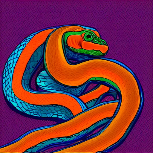 Prompt: A dark room with a large colored snake in the center of it, digital art