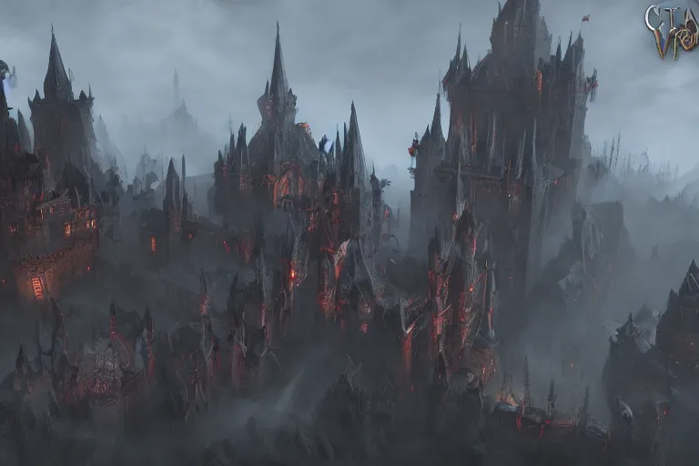 Image similar to big evil castle - city rock dark shadow elves, might and magic heroes vii, dark fantasy, shadows, artstation trending, unreal engine 5, red