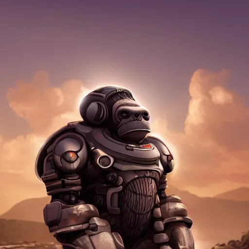 Image similar to cybernetic, anthropomorphic gorilla, face covered by cyberpunk visor, smooth round shapes, male, commission on furaffinity, cgsociety, octane render, beach in background