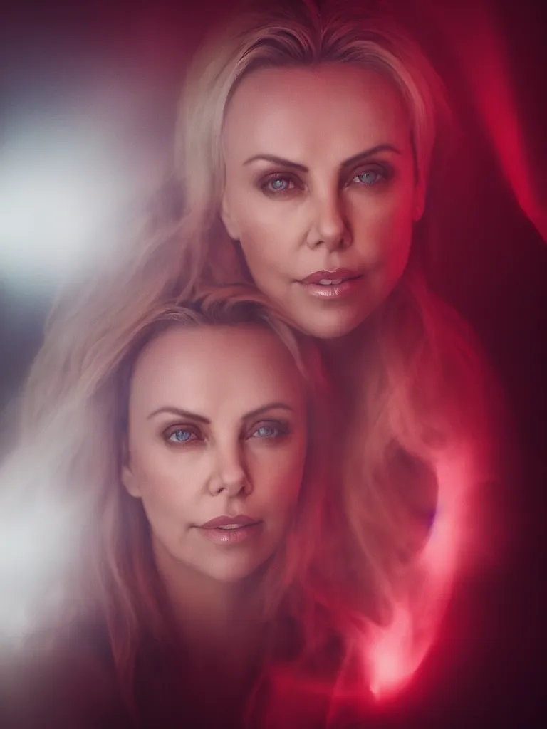 Image similar to hyper realistic portrait of Charlize Theron illuminated by red light , night , 85 mm f1.4 ,