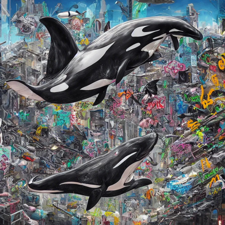 Image similar to an anatomical oil painting of an Orca covered in graffiti, flying through a cyberpunk city from a medical journal by Nychos and Ross Tran, highly detailed, high detail, 8k,