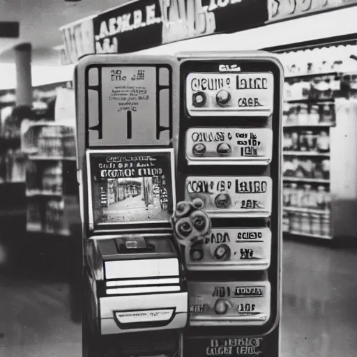 Image similar to Vintage Photograph of a futuristic time machine inside of a grocery store, shallow depth of field, awkward, out of place, polaroid 600 Color