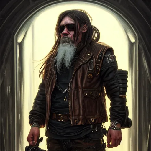 Image similar to portrait painting of a cyberpunk dwarf biker that looks like norman reedus, ultra realistic, concept art, intricate details, eerie, highly detailed, photorealistic, octane render, 8 k, unreal engine. art by artgerm and greg rutkowski and charlie bowater and magali villeneuve and alphonse mucha