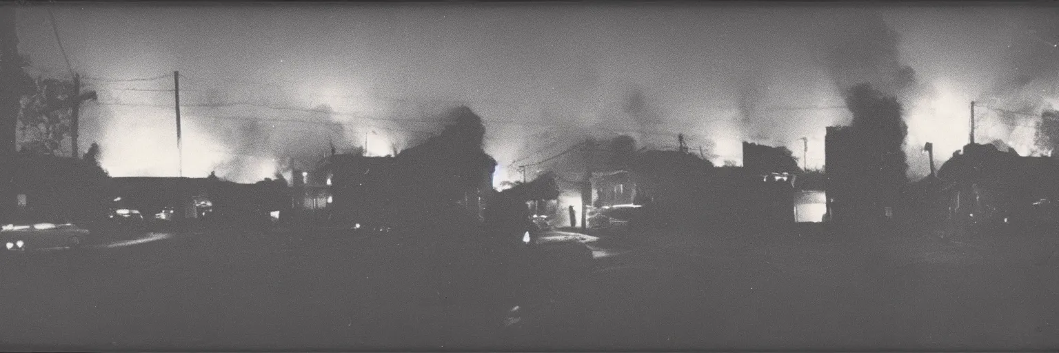 Image similar to 8 0 s polaroid photo, cinema still from david lynch movie, sleazy man watching night streets while a single house burns in the background of suburbia, haze, americana, high production value, 8 k resolution, hyperrealistic, hdr, photorealistic, high definition, high details, tehnicolor, award - winning photography, masterpiece, amazing colors