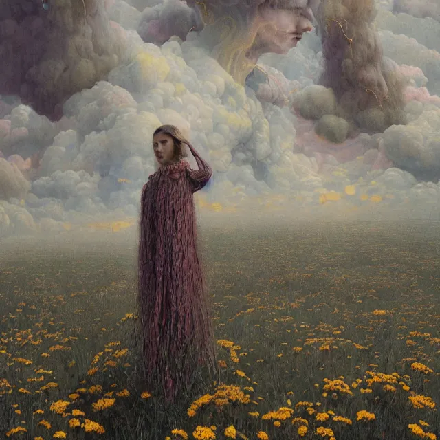 Image similar to A portrait of a woman wearing clothes made out of thunder clouds and flowers, hundreds of people floating still in air, apocalypse, yellow skin, Masterpiece, glowing, wires everywhere, by Edgar Maxence and Ross Tran, Zdzisław Beksiński, and Michael Whelan, distant, gustav dore, H.R. Giger, 8k, octane render