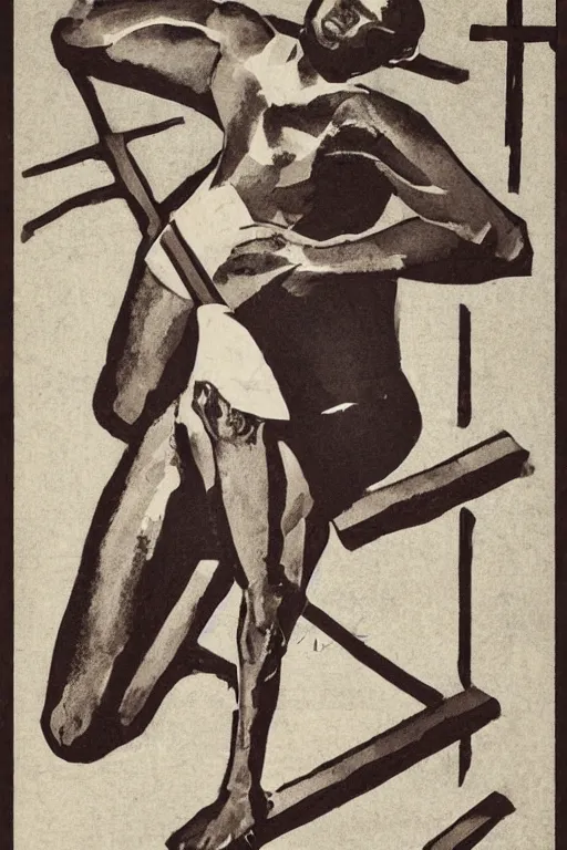 Image similar to man kneeling at the base of a wooden cross, 1960’s advertising art illustration