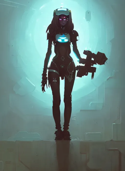 Image similar to portrait of cute goth girl in cyber bikini armor, warhammer, cyberpunk, by atey ghailan, by greg rutkowski, by greg tocchini, by james gilleard, by joe fenton, by kaethe butcher, dynamic lighting, gradient light blue, brown, blonde cream and white color in scheme, grunge aesthetic