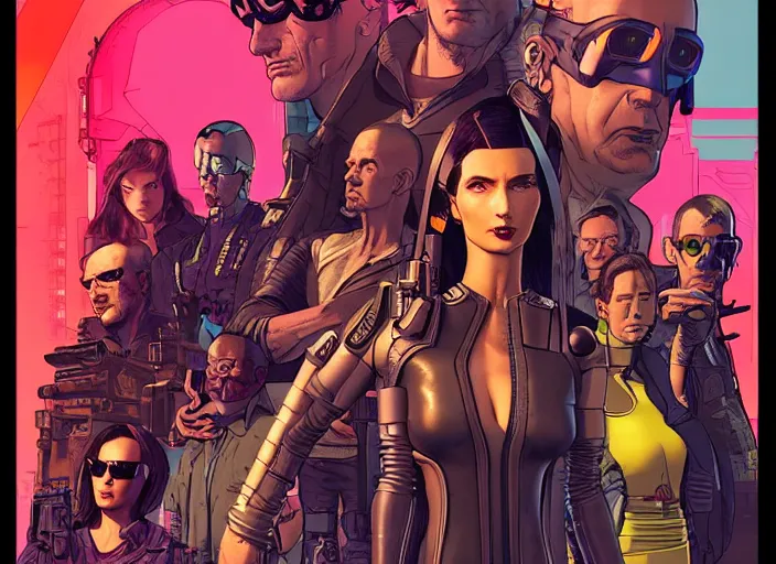 Image similar to cyberpunk heist team. portrait by stonehouse and mœbius and will eisner and gil elvgren and pixar. character design. realistic proportions. cyberpunk 2 0 7 7 character art, blade runner 2 0 4 9 concept art. cel shading. attractive face. thick lines. the team. diverse characters. shadowrun.