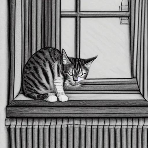 Image similar to a tabby cat named clarence laying on a table looking out the window, it is a sunny day, in the style of a hand drawn pencil sketch