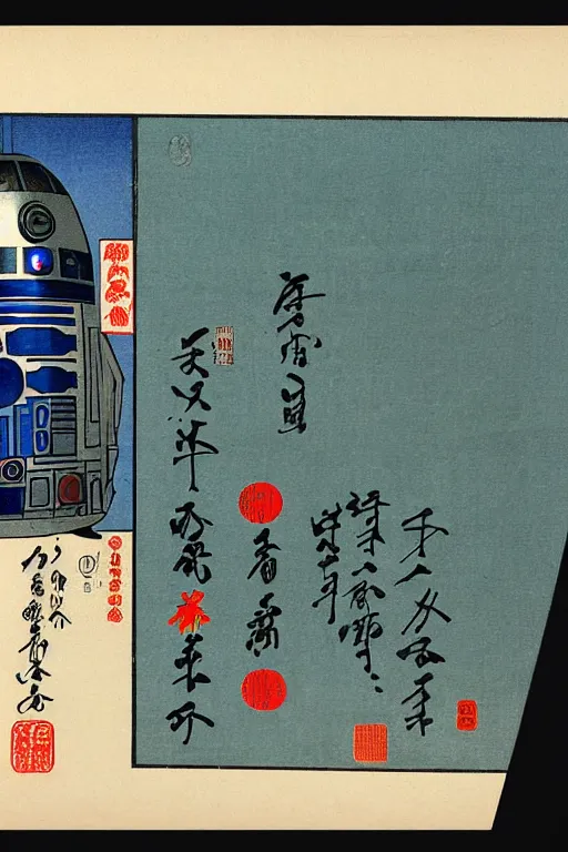 Image similar to Japanese woodblock print of r2d2 , Hiroshige