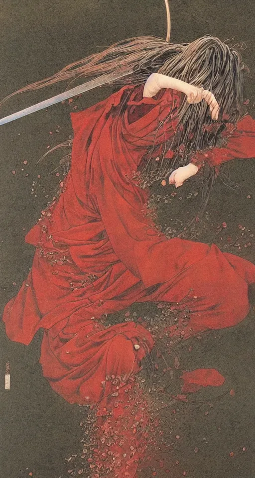 Image similar to japanese schoolgirl runs away from samurai with a katana on the subway, high detailed beksinski painting, part by adrian ghenie and gerhard richter. art by takato yamamoto. masterpiece, deep colours, red