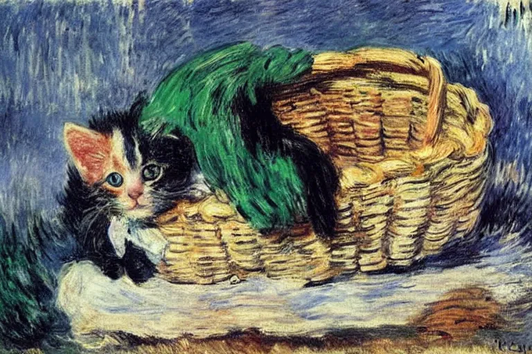 Prompt: a perishing cute kitten coiled up in a basket outside by a snowy day, snow everywere, snowy landscape, by Monet, Manet, Renoir