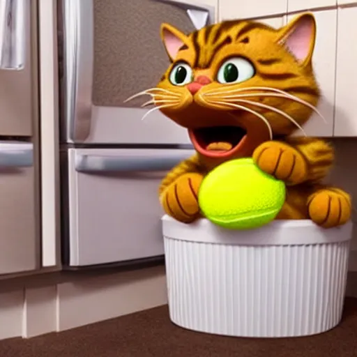 Image similar to Garfield cat playing tennis against a refrigerator