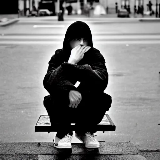 Image similar to black and white fashion photograph, highly detailed portrait of a depressed white drug dealer sitting on a bench on a busy Paris street, looking into camera, eye contact, natural light, rain, mist, lomo, fashion photography, film grain, soft vignette, sigma 85mm f/1.4 1/10 sec shutter