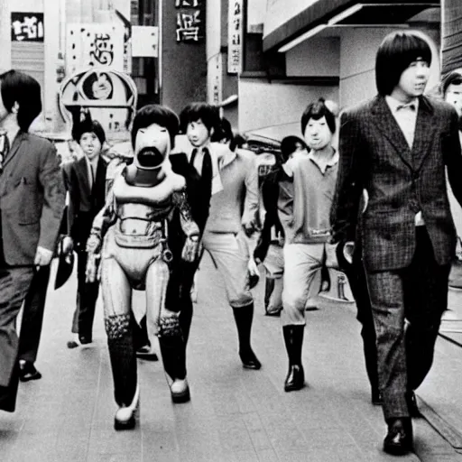 Image similar to 1 9 7 0 s japanese tv show, bw, cyborg monsters walking the streets of shinjuku,