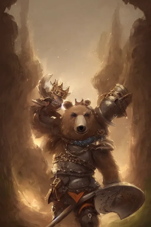 Image similar to cute little anthropomorphic bear knight wearing a cape and a crown, tiny, small, miniature bear, baby animal, short, pale blue armor, cute and adorable, pretty, beautiful, DnD character art portrait, matte fantasy painting, DeviantArt Artstation, by Jason Felix by Steve Argyle by Tyler Jacobson by Peter Mohrbacher, cinematic lighting