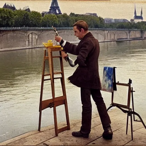 Prompt: Ewan mcgregor is painting a canvas at the river of Seine in Paris early 20th century. Next to him is a brown cat with yellow eyes