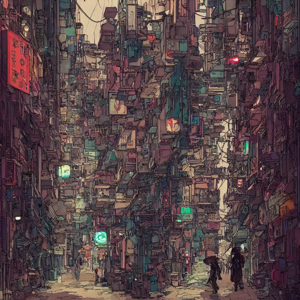 Image similar to a cyberpunk hong kong alley with robots and humans walking around by moebius