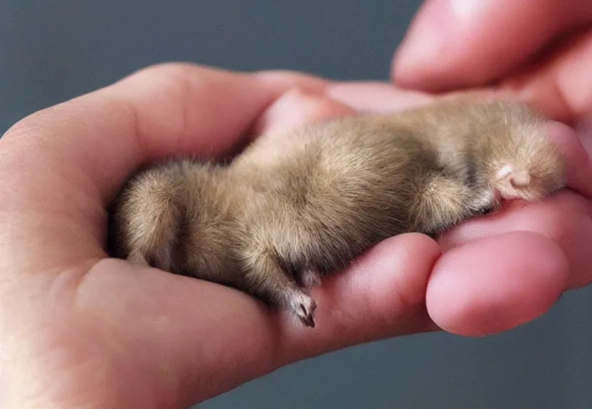 Image similar to a tiny creature resting in the palm of your hand. giant hand, little critter. sleepy, calm, relaxed, tranquil, 😴😪