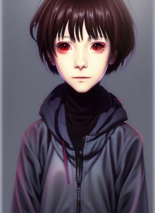 Image similar to a beautiful portrait painting of lain from serial experiments : lain. character design by shinji aramaki, charlie bowater, ross tran, artgerm, and makoto shinkai