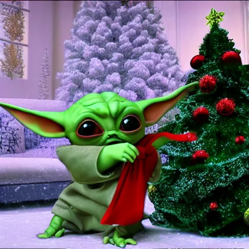 Image similar to , baby yoda wears a christmas outfit in front of a christmas tree. there is snow everywhere. realism, 8 k, 4 k, mandalorian ( tv ).