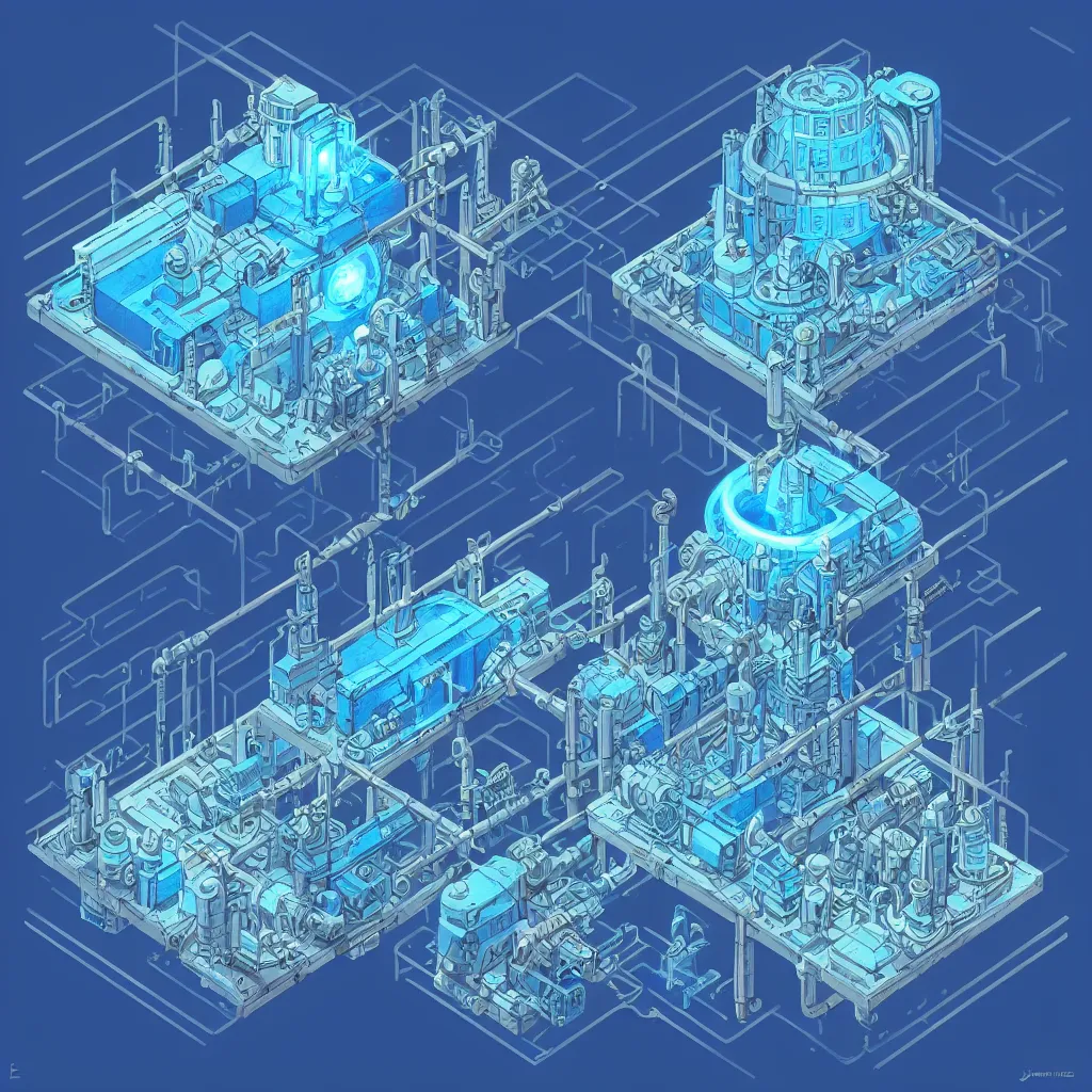 Prompt: nuclear reactor control rods, blue glow, isometric, by jean - baptiste monge